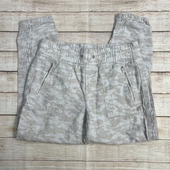 Athleta Camo Tide Linen Joggers Pants Gray Size 8 Zipper Pockets - Picture 1 of 11